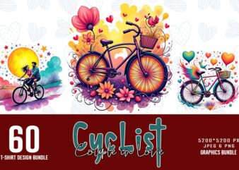 60 Retro Valentines Day Lovely Couple Riding cycle in Love t-shirt design bundle