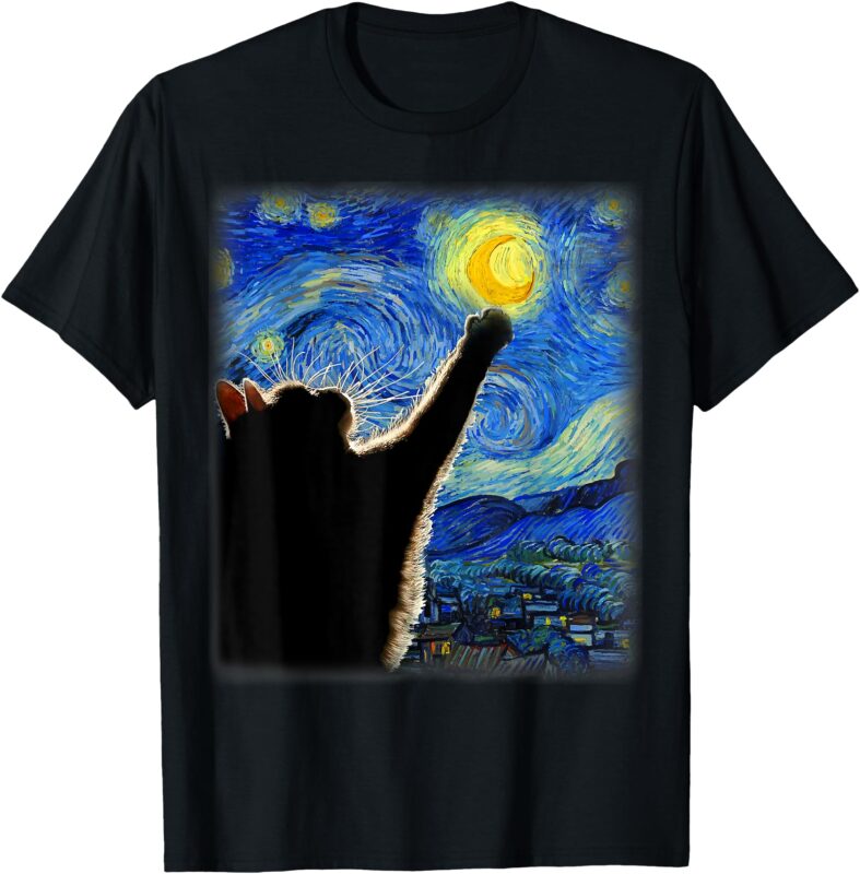 Van Gogh Starry Night Cat T-Shirt – Classic Fit, Cat Lover_Mom_Dad Gift, Black Crew Neck