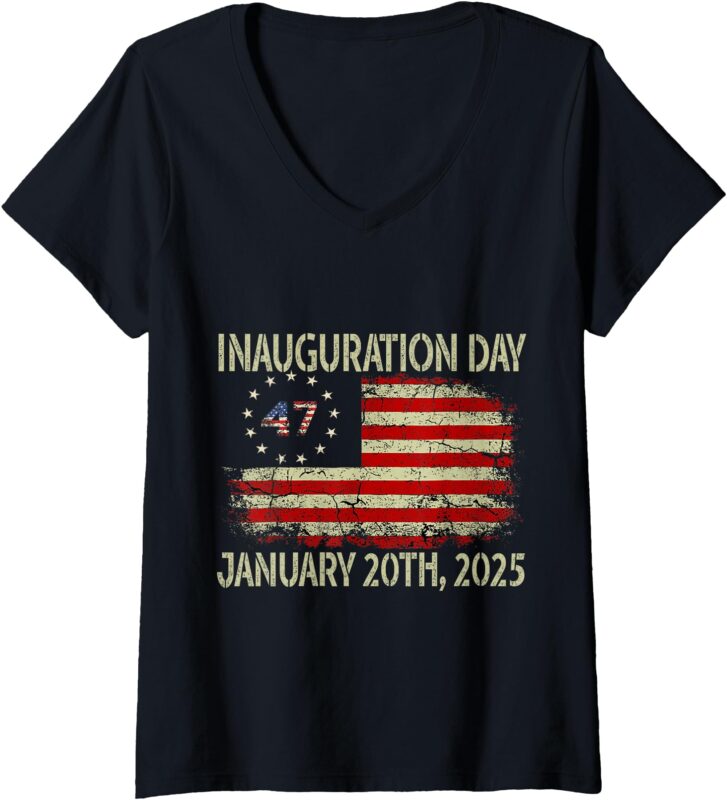 Womens Vintage Old Donald Trump Inauguration Day 2025 47th USA Flag V-Neck T-Shirt