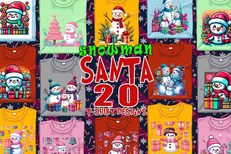 Retro Christmas Snowman Santa Claus t-shirt design bundle of 20 designs download instantly Retro Vintage T-shirt Illustration Clipart Bundle