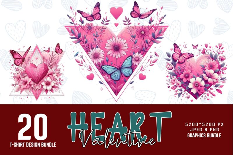 20 Colourful Valentines Day Heart Love t-shirt design bundle