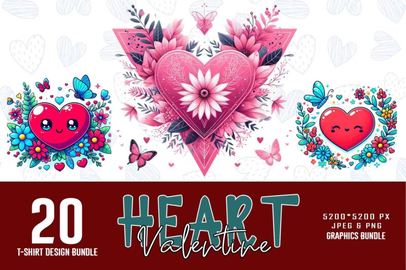 Funny Valentines Day Cute Heart t-shirt design bundle of 20 designs – download instantly