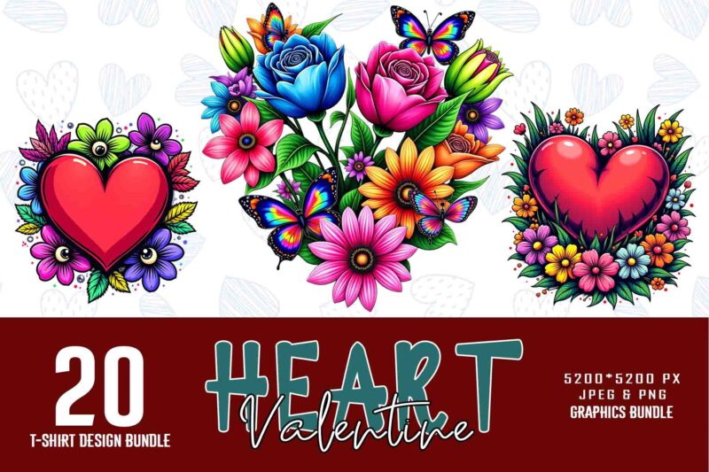 Popular Valentines Day Heart Love Shape t-shirt design bundle of 20 designs – download instantly