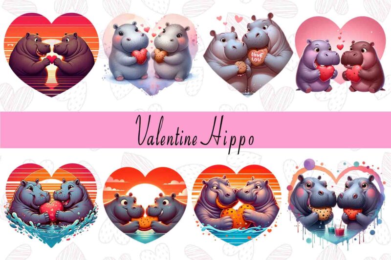 20 Colourful Valentines Day Hippo in Love t-shirt design bundle
