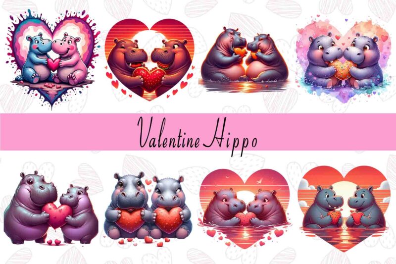 Retro Valentines Day Lovely Hippo t-shirt design bundle of 20 designs – download instantly