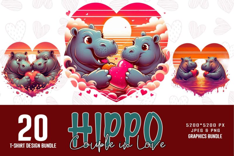 Funny Valentines Day Cute Hippo in Love t-shirt design bundle of 20 designs – download instantly Retro Vintage Illustration