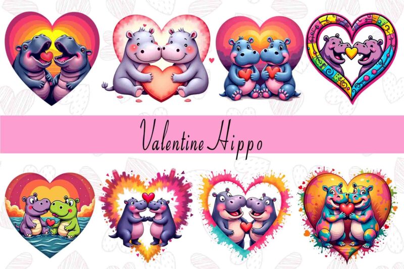 Popular Valentines Day Hippo in Love Shape t-shirt design bundle of 100 designs – download instantly mega bundle