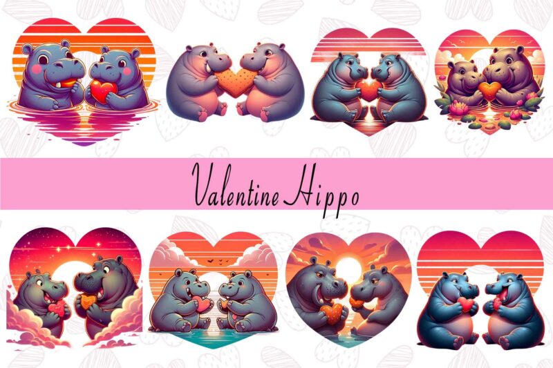 Funny Valentines Day Cute Hippo in Love t-shirt design bundle of 20 designs – download instantly Retro Vintage Illustration