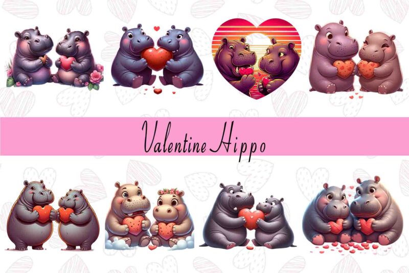 20 Colourful Valentines Day Hippo in Love t-shirt design bundle