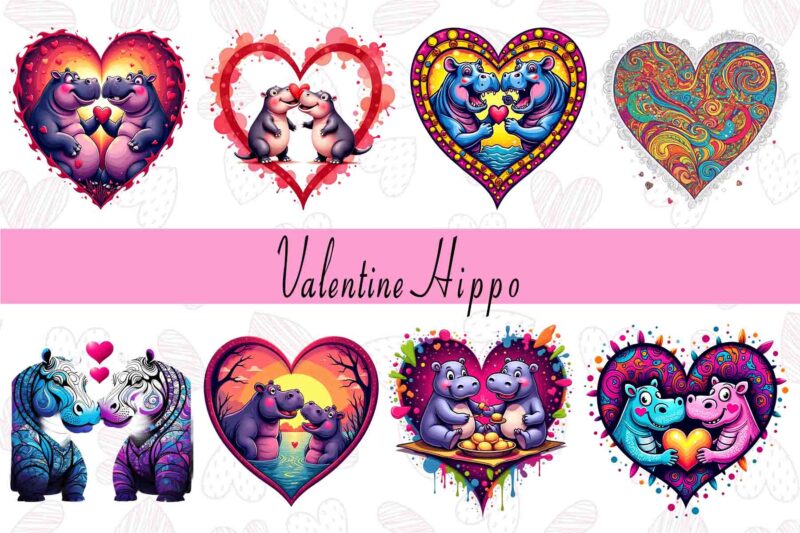 Funny Valentines Day Cute Hippo in Love t-shirt design bundle of 20 designs – download instantly Retro Vintage Bundle