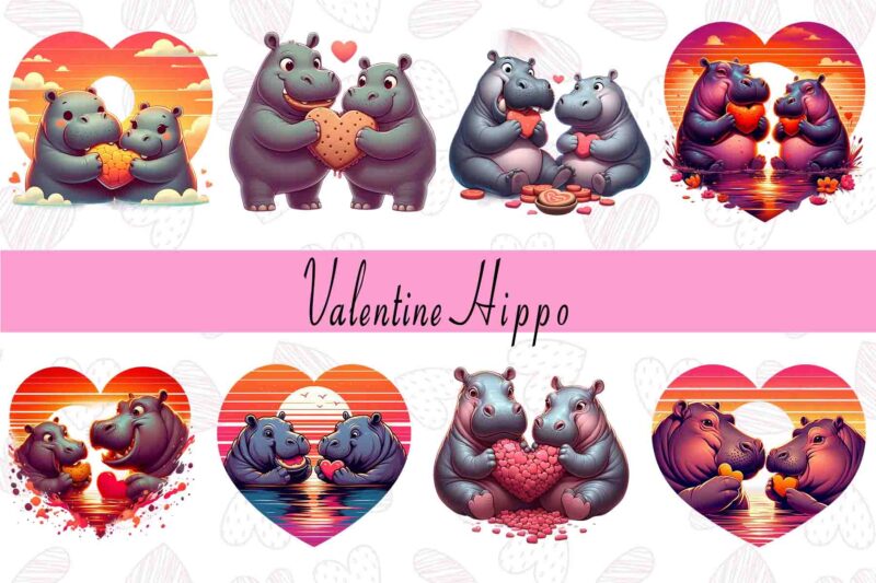 Trendy Valentines Day Hippo in Love t-shirt design bundle of 20 png & jpeg designs – download instantly Retro Vintage T-shirt