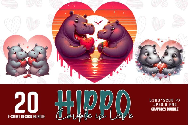 20 Colourful Valentines Day Hippo in Love t-shirt design bundle