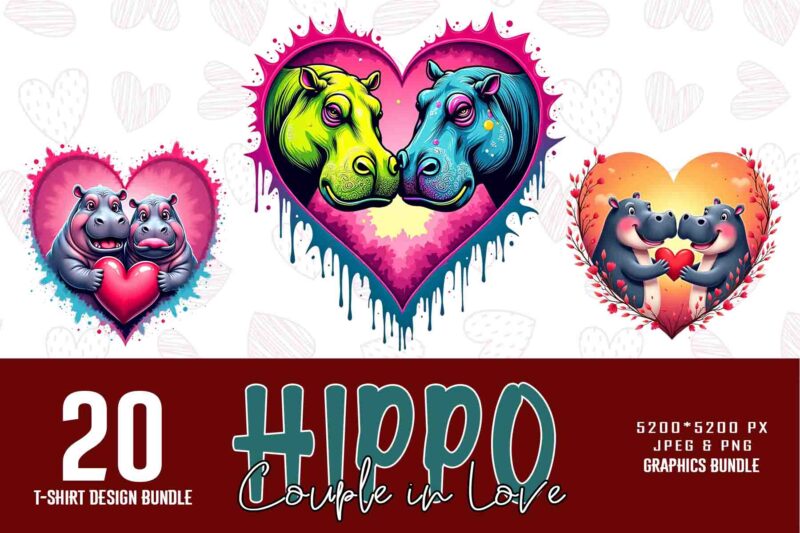 Retro Valentines Day Lovely Hippo t-shirt design bundle of 20 designs – download instantly