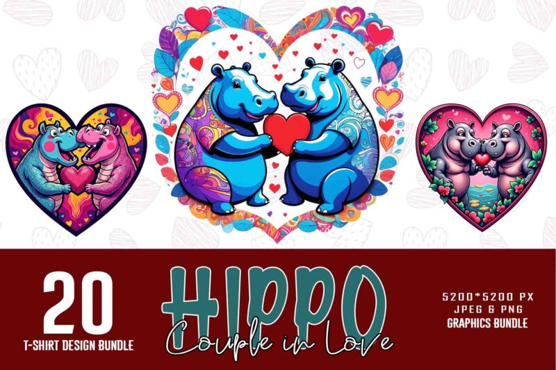 Trendy Valentines Day Hippo in Love t-shirt design bundle of 20 png & jpeg designs