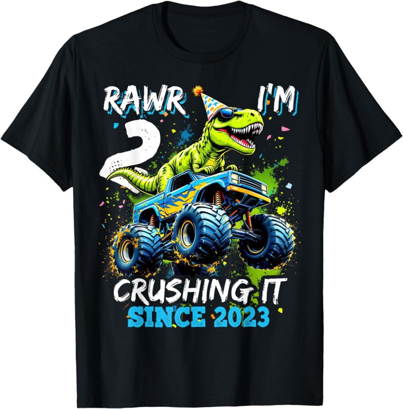 2nd Birthday Monster Truck Dinosaur Party Boys Rawr I’m 2 T-Shirt