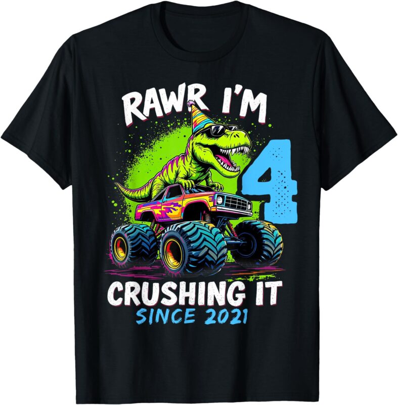 4th Birthday Monster Truck Dinosaur Party Boys Rawr I’m 4 T-Shirt