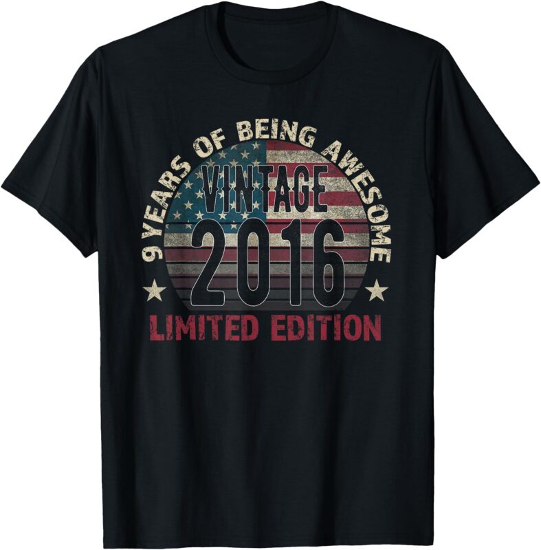 9th Birthday Gift Boy Vintage Born 2016 Turning 9 Years Old T-Shirt