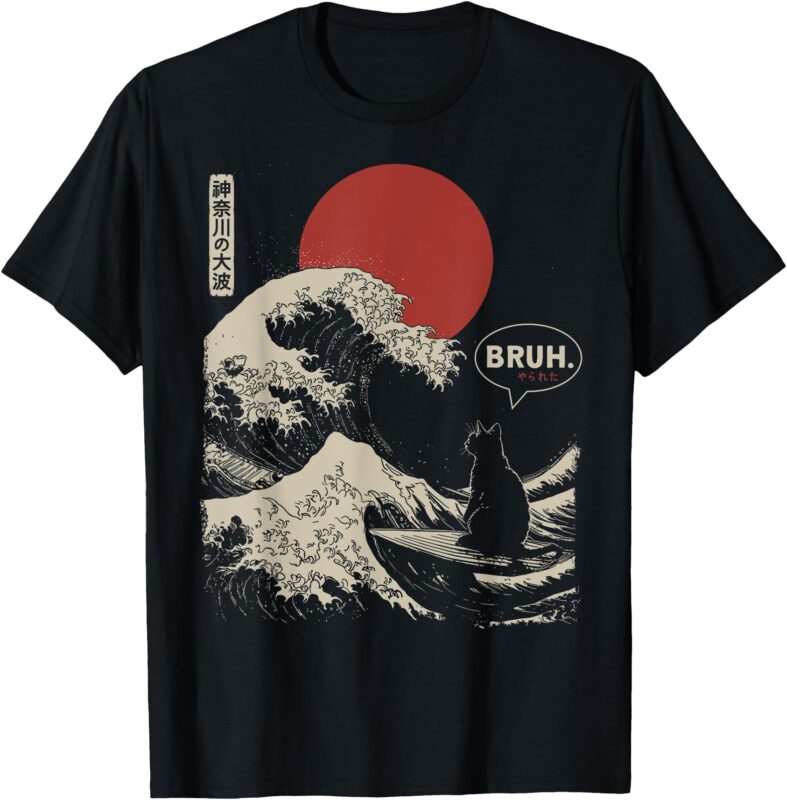 _BRUH._ The Great Wave Kanagawa Funny Japanese Surfing Cat T-Shirt