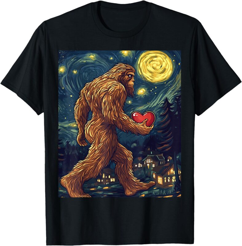 Bigfoot Starry Night Van Gogh Tee Sasquatch Valentines Day T-Shirt