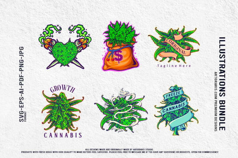 Green Gold Cannabis Plant Illustrations Pack