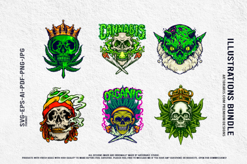 Eclectic Cannabis Themed Skull Bundle Illustrations