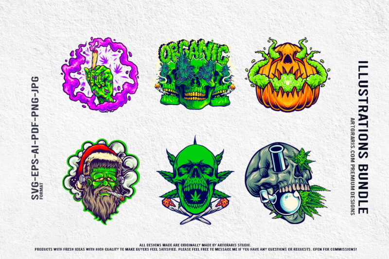 Whimsical Cannabis and Halloween Skull Art Bundle