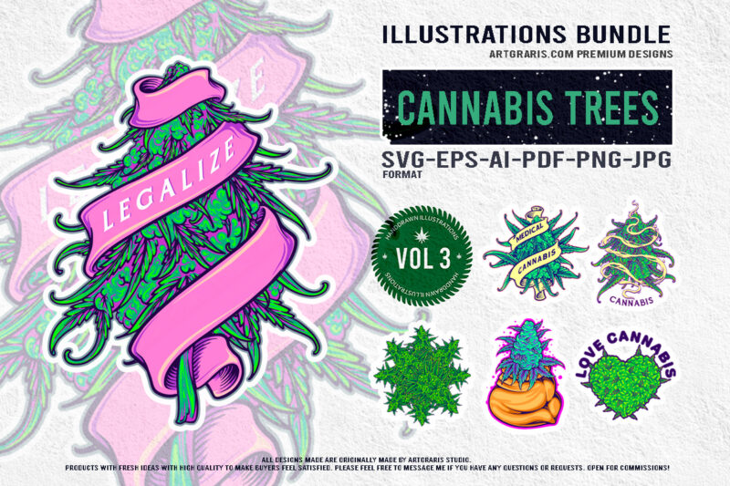 Artistic Cannabis Botany Vibrant Green Illustrations