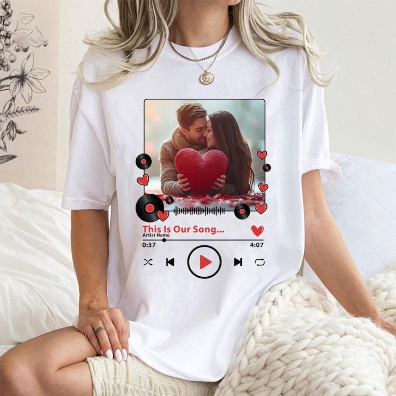 Custom Couple Photo, Love Song – Artist Name, Custom Photo and Music Magnet Anniversary, Valentine’s Day Shirt, Couple Shirt