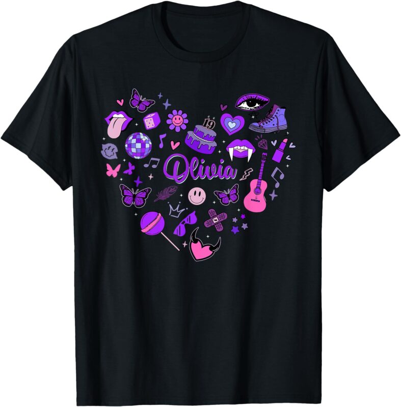 Girl Olivia First Name Personalized Groovy 80’s Heart T-Shirt