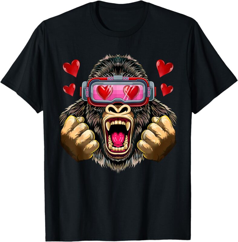 Gorilla With VR Heart Glasses Valentines Day Gorilla Lover T-Shirt