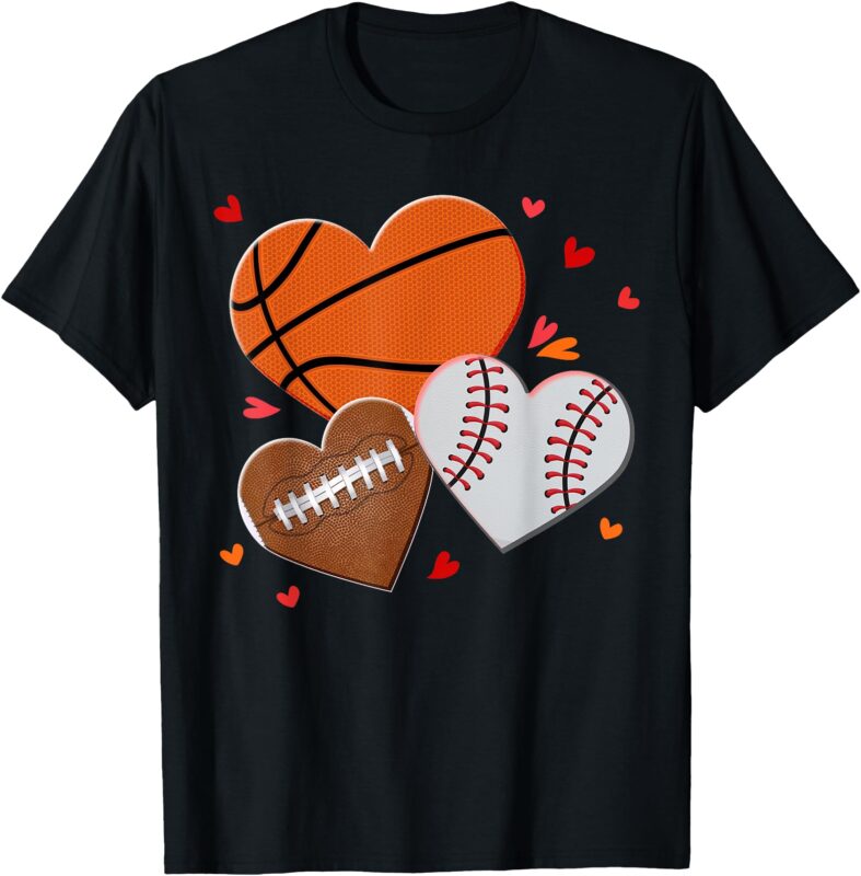 Heart Football Basketball Baseball Valentines Day Boys Mens T-Shirt