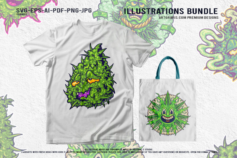 Playful Green Cannabis Characters Illustrations Collection