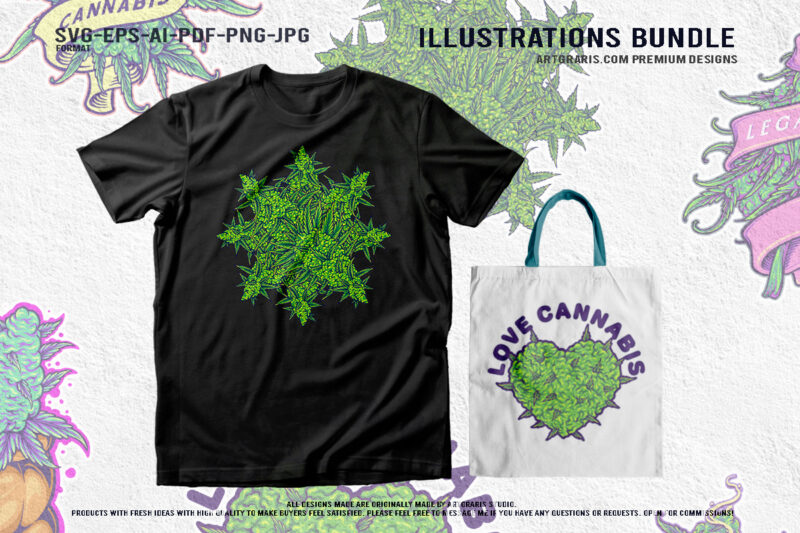 Artistic Cannabis Botany Vibrant Green Illustrations