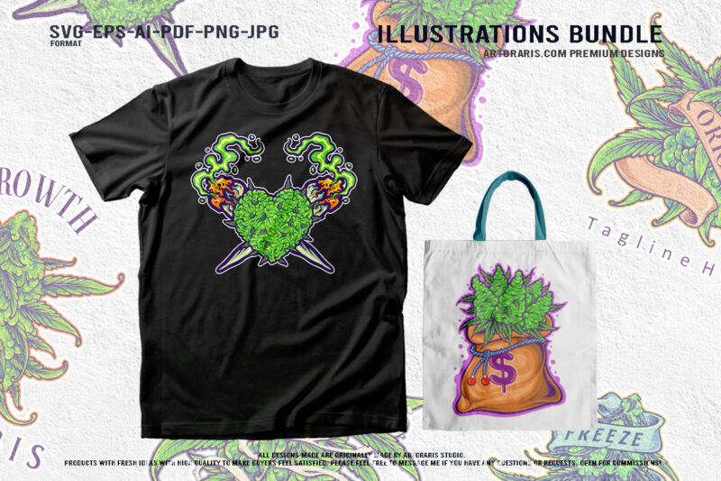 Green Gold Cannabis Plant Illustrations Pack