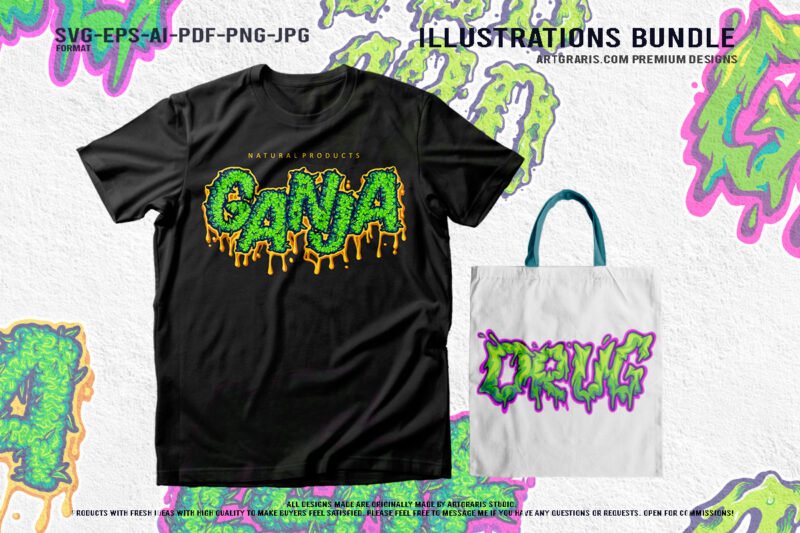 Typography of Cannabis like CBD, Glue, 420, Ganja