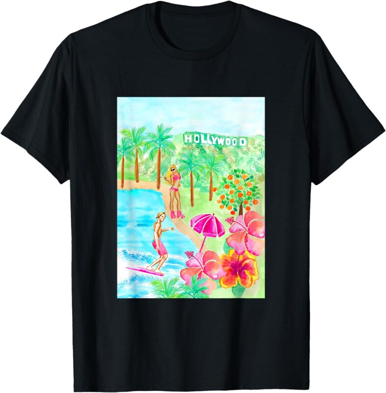 Los Angeles Hand Painted Watercolor Surfing Roller Skater T-Shirt
