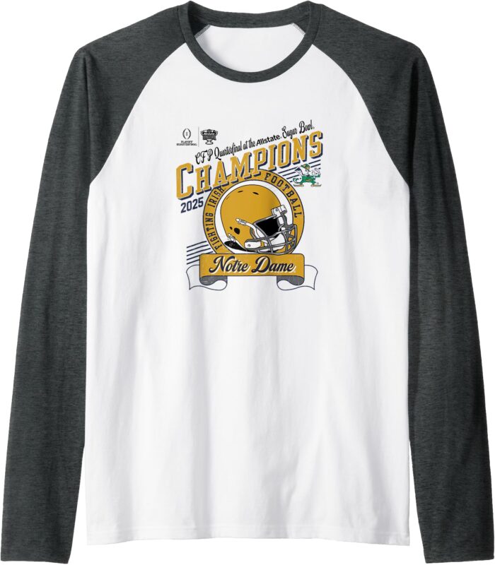Notre Dame Fighting Irish Sugar Bowl Champs 2025 White Raglan Baseball Tee