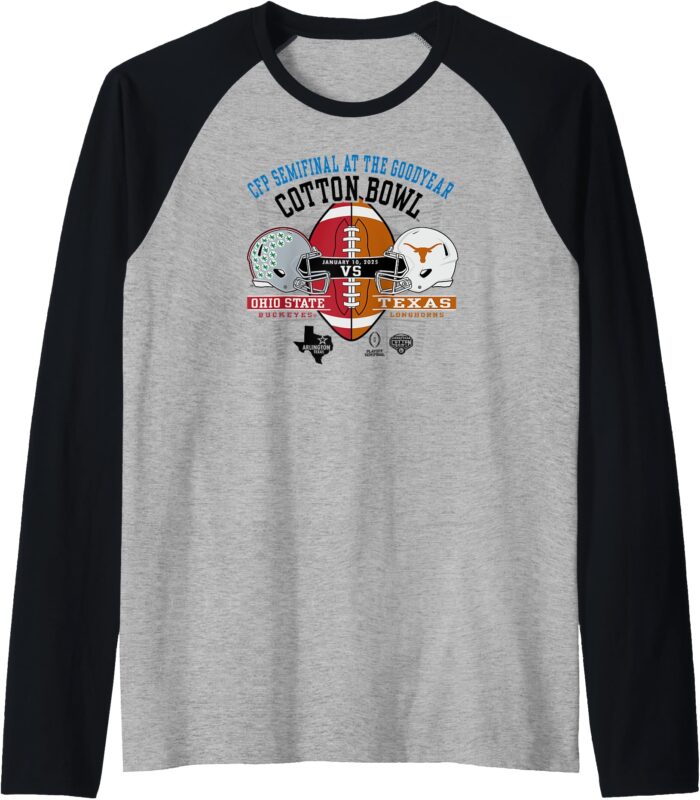 Ohio State vs Texas CFP Cotton Bowl 2024-25 Helmets Gray Raglan Baseball Tee