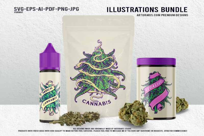Artistic Cannabis Botany Vibrant Green Illustrations