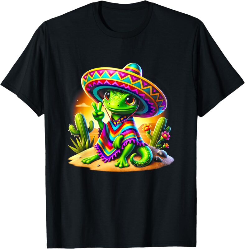 Peace Sign Hand Lizard In Sombrero Cinco De Mayo Costume T-Shirt