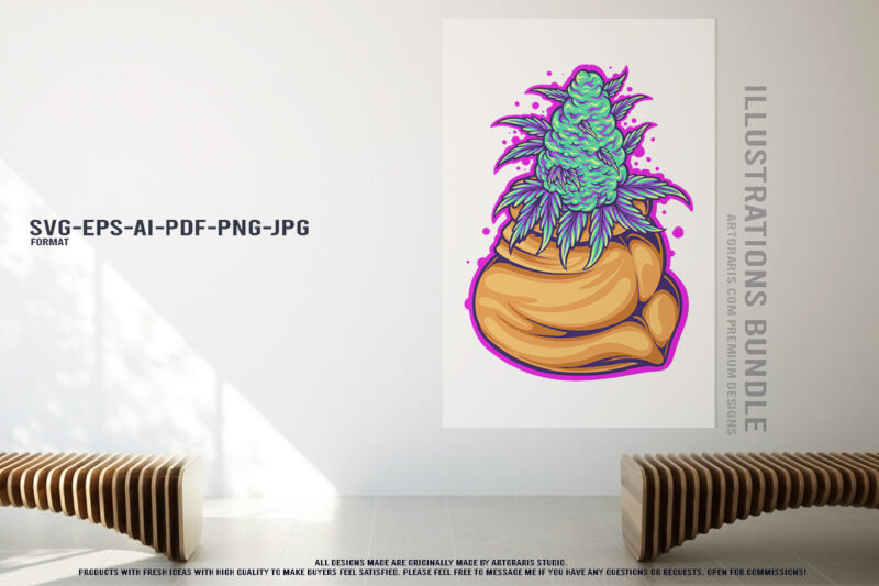 Artistic Cannabis Botany Vibrant Green Illustrations