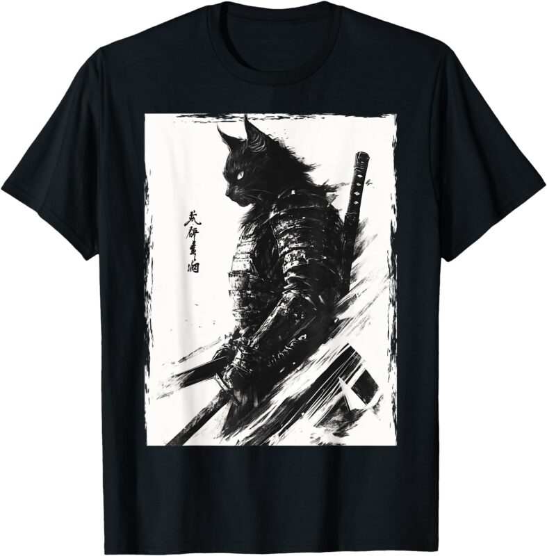 Samurai Warrior Cat Graphic Tee Vintage Japanese Art Anime T-Shirt