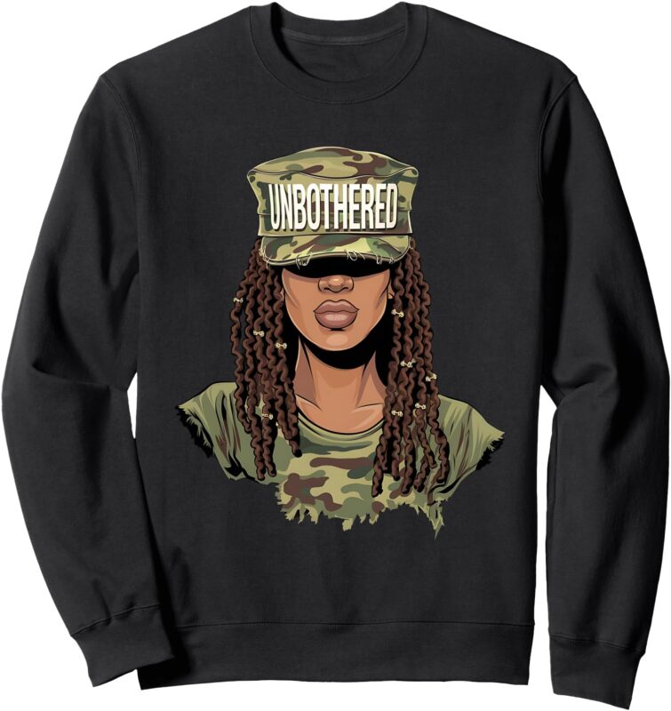 Unbothered African American Woman with Locs Camo Sweatshirt