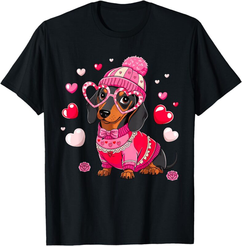 Valentine Dachshund Sausage Puppy Heart Glasses Dog Mom Cute T-Shirt
