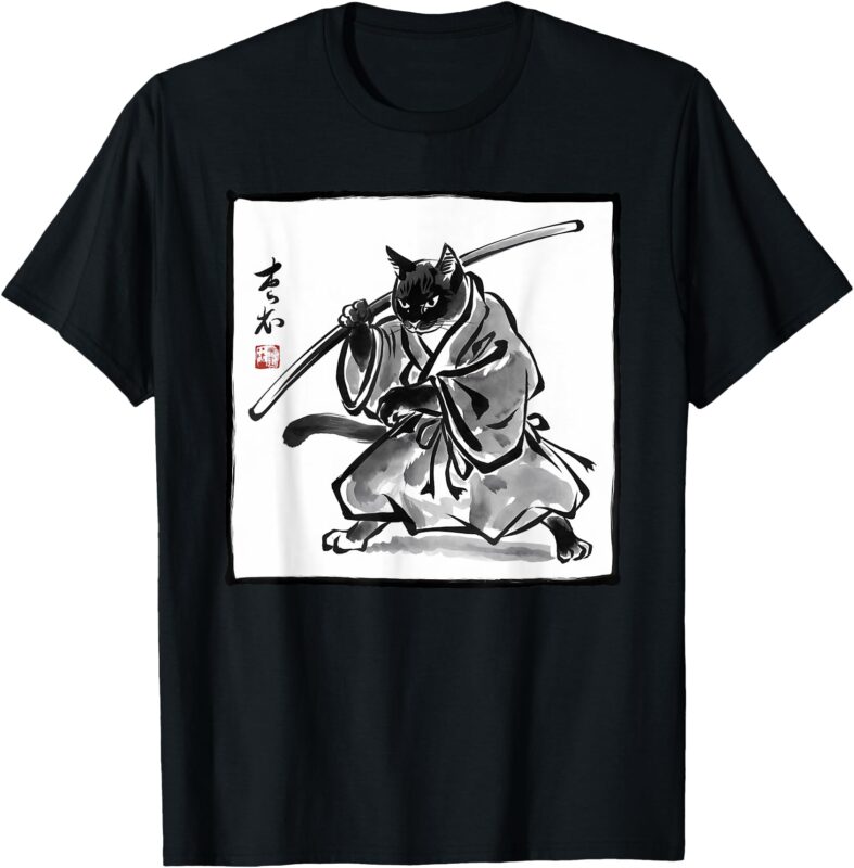 Vintage Japanese Kawaii Samurai Warrior Art Graphic Cat T-Shirt