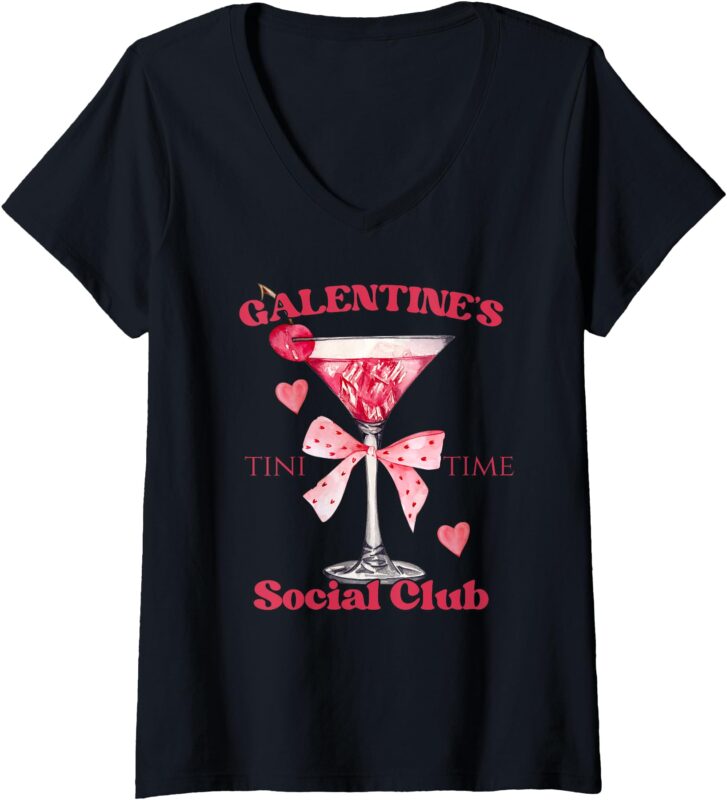 Womens Galentine’s Day Social Club Martini Time Coquette Bows V-Neck T-Shirt