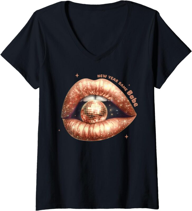 Womens New Year Same Babe Disco Ball Lip Party Lovers Women Girls V-Neck T-Shirt