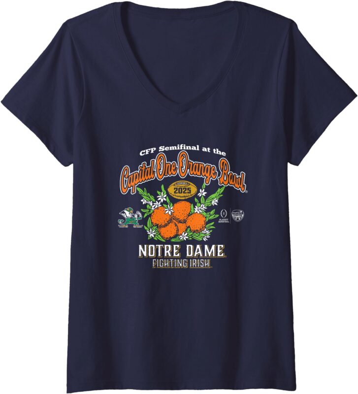 Womens Notre Dame Fighting Irish CFP Orange Bowl 2024-25 Navy V-Neck T-Shirt
