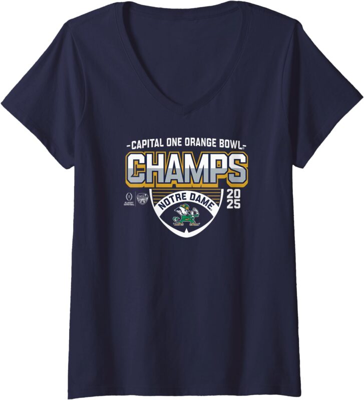 Womens Notre Dame Fighting Irish Orange Bowl Champs 2025 CFP Navy V-Neck T-Shirt