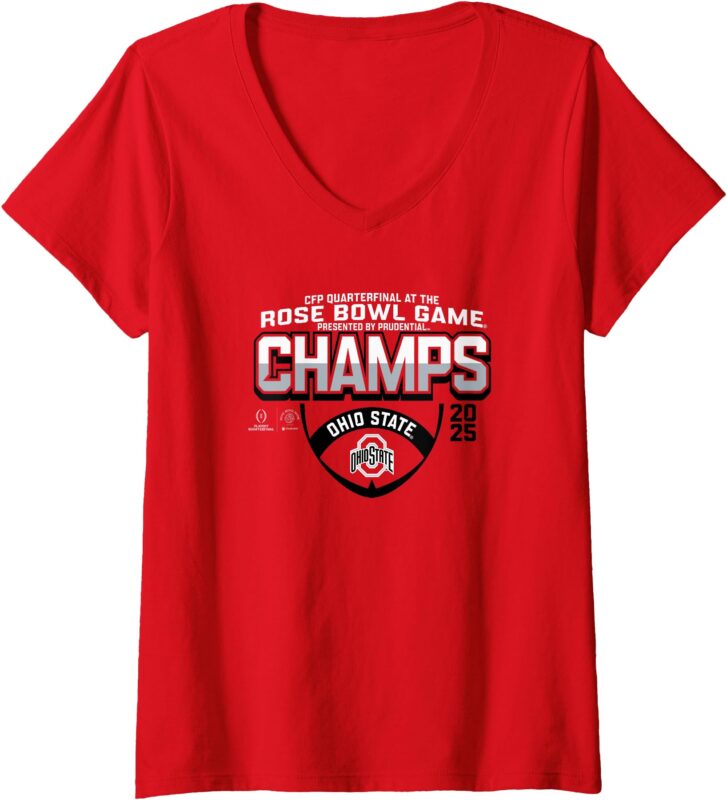 Womens Ohio State Buckeyes Rose Bowl Champs 2025 Icon Red V-Neck T-Shirt